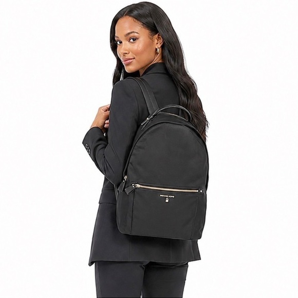 Michael Kors Black Nylon Backpack Gold Hardware Front Zip Pocket Padlock Charm